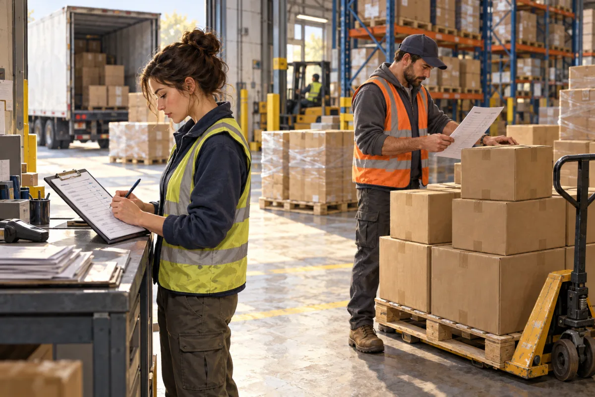 A warehouse clerk checking incoming goods against a delivery note and counting units