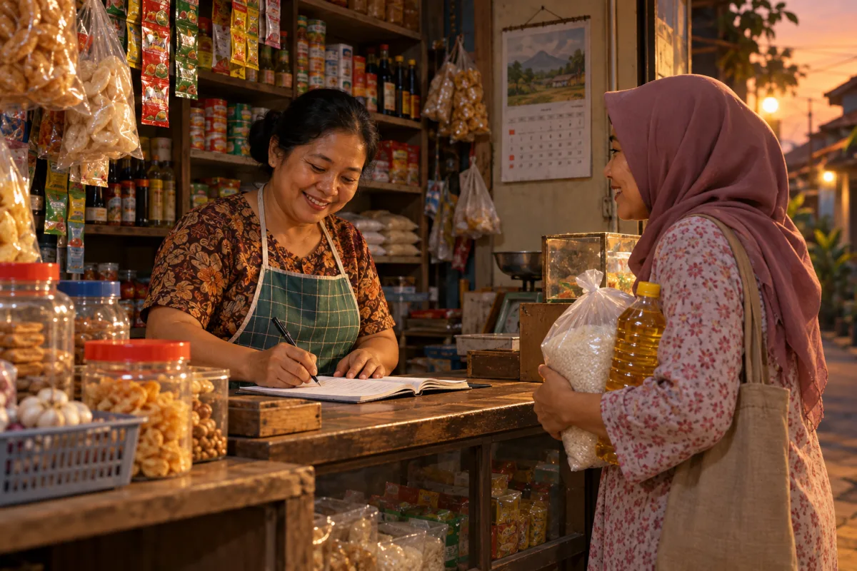 Pemilik warung mencatat belanja kasbon tetangga di buku catatan saat tetangga membawa beras dan minyak goreng.