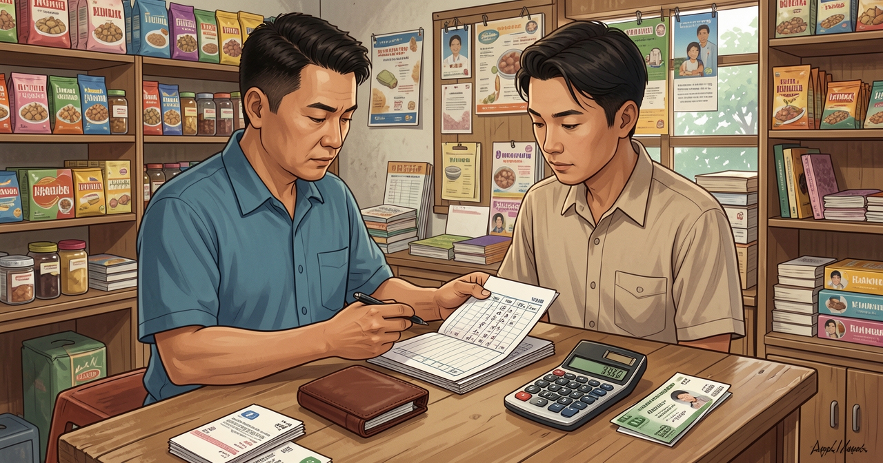 Buku kas, kuitansi, dan dompet di meja usaha kecil