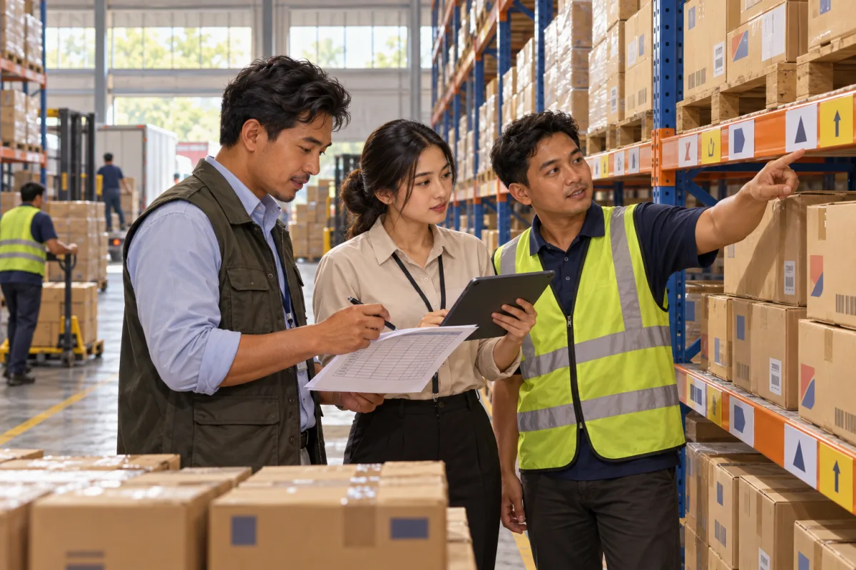 Warehouse manager and staff comparing shelf stock with movement records