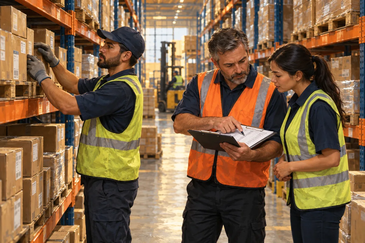 Warehouse staff counting stock and marking a discrepancy for investigation